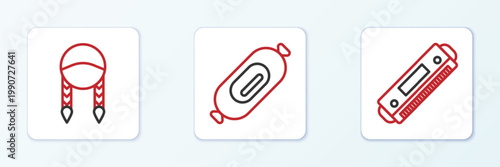 Set line Harmonica, Braid and Salami sausage icon. Vector