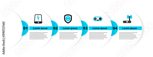 Set line Router and wi-fi, Gamepad, UV protection and Power bank icon. Vector