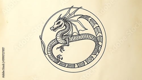 marginalia. A circular dragon-like creature from medieval manuscript marginalia on parchment. event programs, museum guides, designed for cultural heritage projects and event programs.
