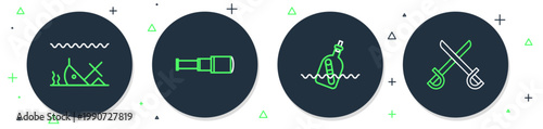 Set line Spyglass telescope lens, Bottle with message in water, Sunken ship and Crossed pirate swords icon. Vector