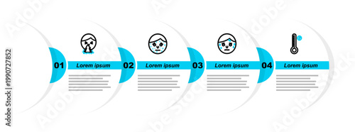 Set line Medical digital thermometer, Man with excessive sweating, Face psoriasis or eczema and Handkerchief to his runny nose icon. Vector