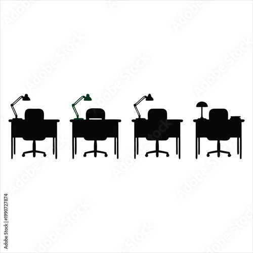 A row of office desks with chairs and lamps in a minimalist setting