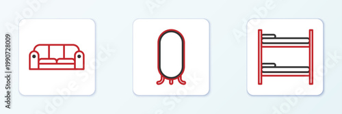 Set line Bunk bed, Sofa and Big full length mirror icon. Vector