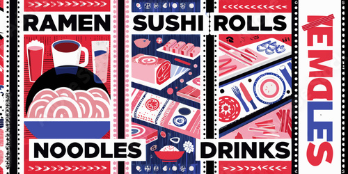 Colorful illustrated panels advertise japanese ramen sushi and other foods