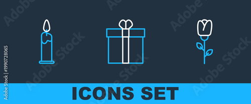 Set line Flower rose, Burning candle and Gift box heart icon. Vector
