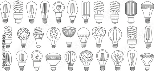 Light Bulb Icon Set Featuring Various Shapes and Designs for Energy and Home Decor Illustrations