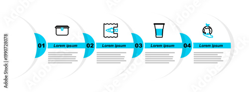 Set line Hand holding Earth globe, Paper glass, Stop ocean plastic pollution and Lunch box icon. Vector