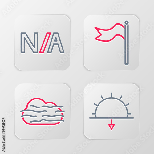 Set line Sunset, Fog and cloud, Meteorology windsock wind vane and Not applicable icon. Vector