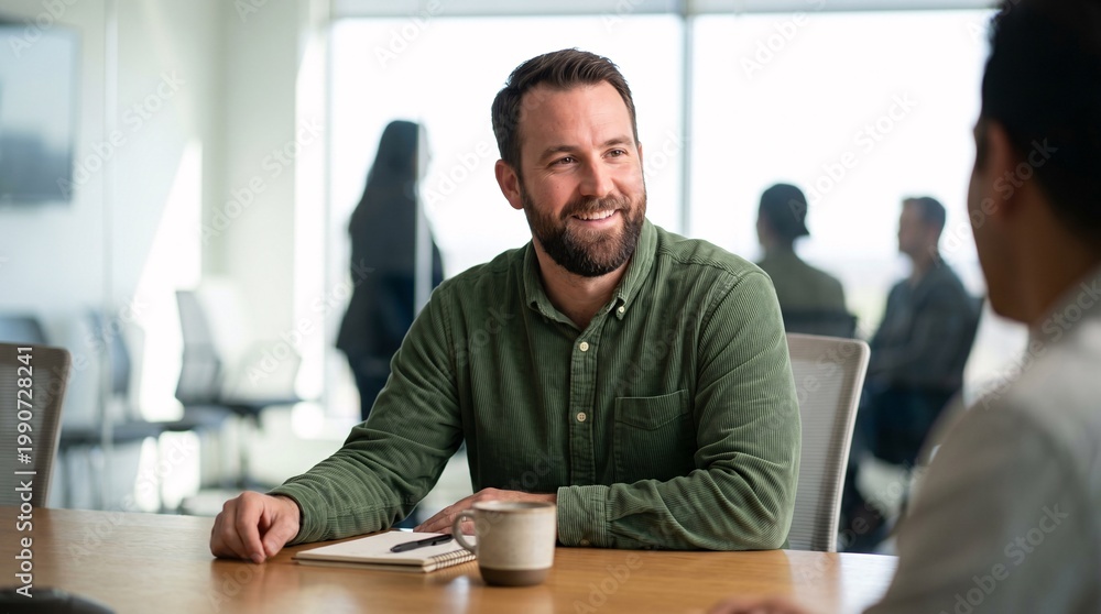 Fototapeta premium A smiling man sitting at a table in a modern office with a cup of coffee and notebook