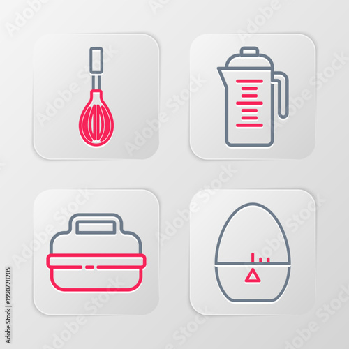Set line Kitchen timer, Cooking pot, Teapot and whisk icon. Vector
