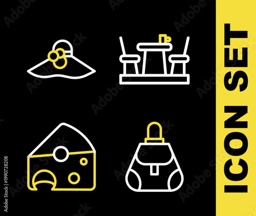 Set line French cafe, Handbag, Cheese and Elegant women hat icon. Vector