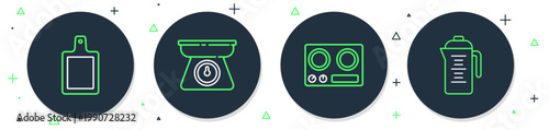 Set line Scales, Gas stove, Cutting board and Teapot icon. Vector