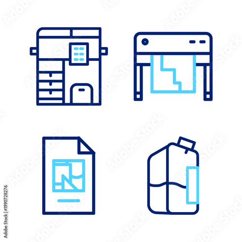 Set line Printer ink bottle, File document, Plotter and Copy machine icon. Vector