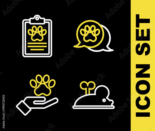 Set line Paw print, Clockwork mouse, Hands with animals footprint and Clinical record pet icon. Vector