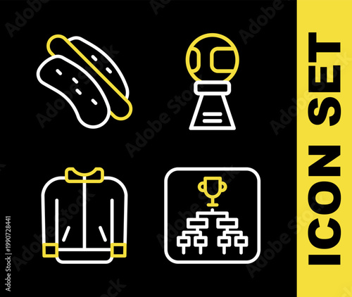 Set line Award cup with baseball ball, Championship tournament bracket, Baseball t-shirt and Hotdog sandwich icon. Vector