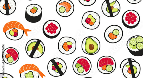 A vibrant, seamless pattern of assorted sushi rolls and shrimp