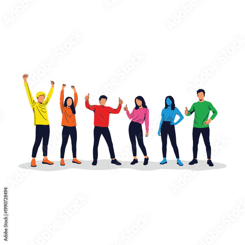 Six people in colorful clothing standing together with raised arms