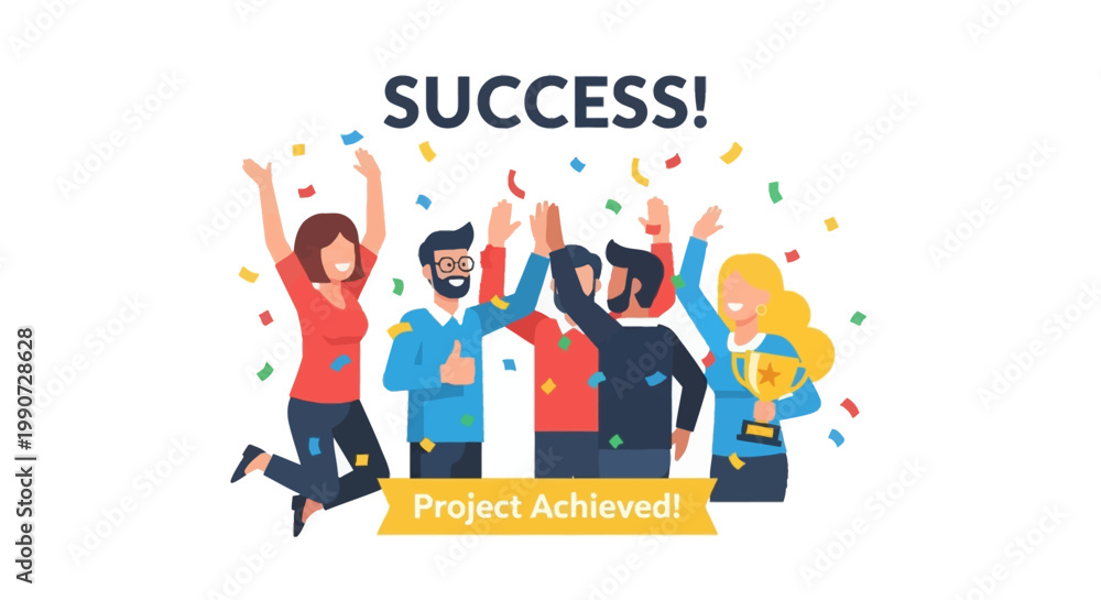 Naklejka premium Successful Business Team Celebrating Project Achievement with Trophy and Confetti Flat Illustration