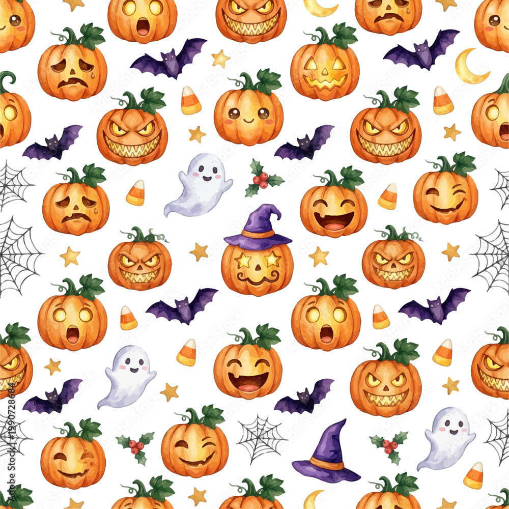 Obraz premium Watercolor Seamless Pattern — Halloween Pumpkin Expression Ghost Bat Spider Web Spooky Background 