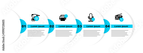 Set line Radio setting, Microphone, Printer and Drill machine icon. Vector