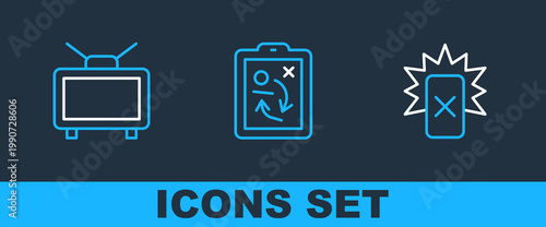 Set line Red card football, Football match on TV and Planning strategy concept icon. Vector