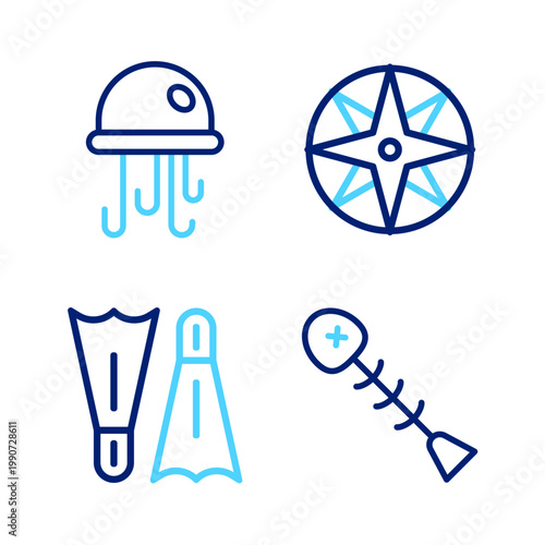 Set line Dead fish, Flippers for swimming, Wind rose and Jellyfish icon. Vector