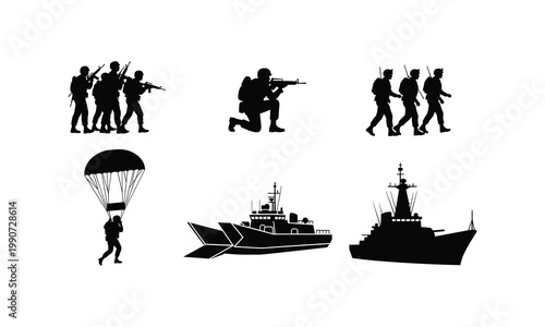 Military operations and specialized transport methods illustrated in silhouettes