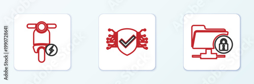 Set line FTP folder and lock, Electric scooter and Cyber security icon. Vector