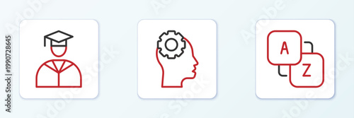 Set line Vocabulary, Graduate and graduation cap and Head with gear inside icon. Vector