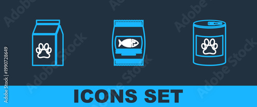 Set line Canned food, Bag of for pet and cat icon. Vector