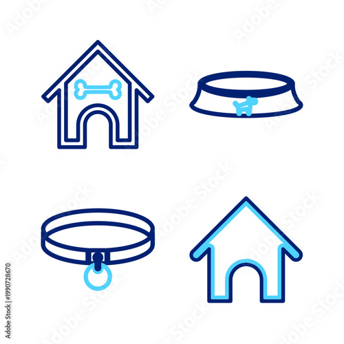 Set line Dog house, Collar, Pet food bowl and and bone icon. Vector