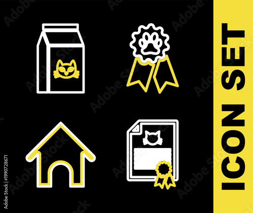 Set line Pet award symbol, Certificate for dog or cat, Dog house and Bag of food icon. Vector