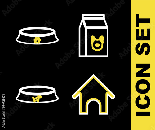 Set line Bag of food for dog, Dog house, Pet bowl and icon. Vector