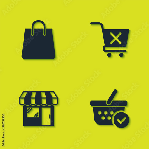 Set Handbag, Shopping basket with check mark, Market store and Remove shopping cart icon. Vector
