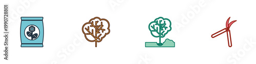 Set Fertilizer bag, Tree, Planting tree in the ground and Gardening handmade scissor icon. Vector