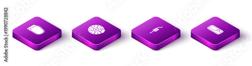 Set Isometric Car mirror, brake disk with caliper, muffler and door handle icon. Vector