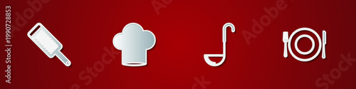 Set Grater, Chef hat, Kitchen ladle and Plate, fork and knife icon. Vector