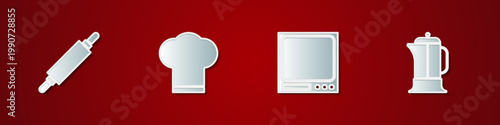 Set Rolling pin, Chef hat, Electronic scales and French press icon. Vector