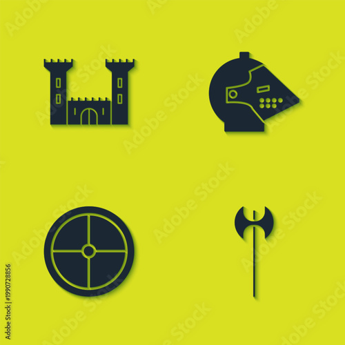 Set Castle, Medieval axe, Round wooden shield and iron helmet icon. Vector