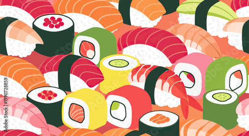 Vibrant, close-up pattern of diverse sushi pieces against an orange background