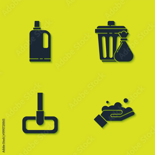 Set Fabric softener, Washing hands with soap, Mop and Trash can garbage bag icon. Vector