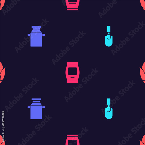 Set Garden trowel spade or shovel, Can container for milk, Fertilizer bag and Corn on seamless pattern. Vector