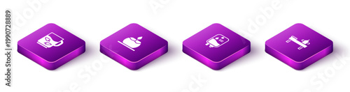 Set Isometric Cup of tea and leaf, Aroma candle, IV bag and Massage table with oil icon. Vector