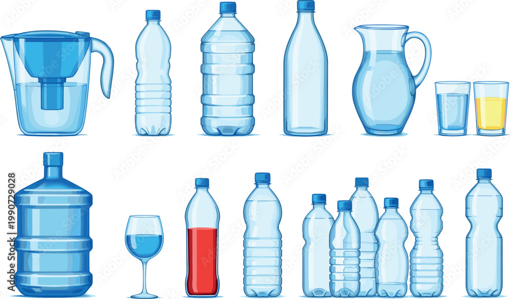 Αυτοκόλλητο Large collection of water containers including plastic bottles filter pitcher gl