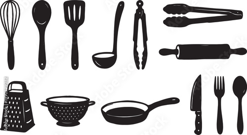 Collection of black silhouette kitchen utensils isolated on a white background for culinary purposes