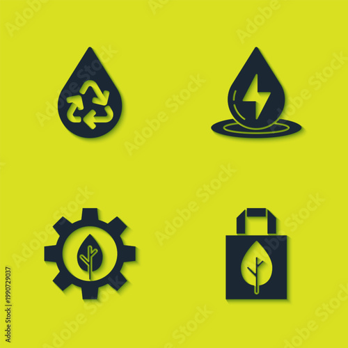 Set Recycle clean aqua, Shopping bag with recycle, Leaf plant gear machine and Water energy icon. Vector
