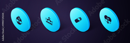 Set Isometric Video game bar, Bottle with potion, King crown and icon. Vector