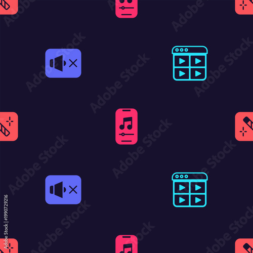 Set Music playlist, Speaker mute, player and Photo retouching on seamless pattern. Vector