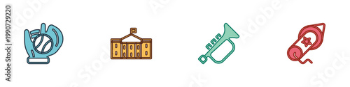 Set Baseball glove with ball, United States Capitol Congress, Trumpet and Firework icon. Vector