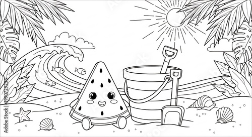 Cute Kawaii Watermelon Slice and Beach Bucket Coloring Page.
